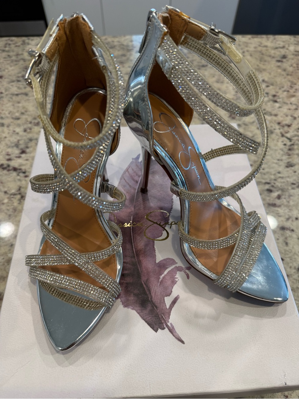 Jessica Simpson Silver Crystal Strappy Stiletto Heels